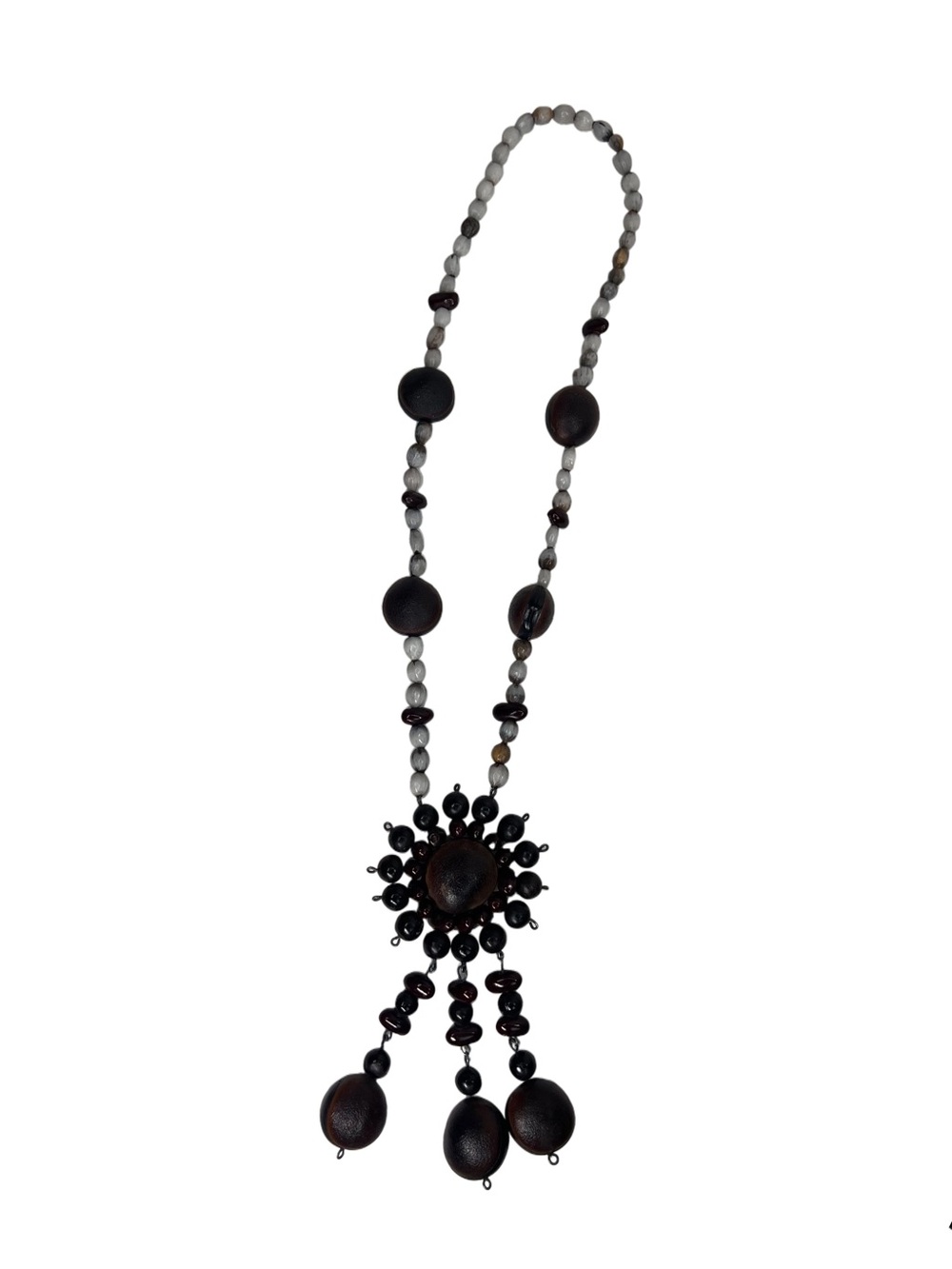 Handmade Statement Wood Bead Pendant Necklace Brown Black Gray Boho Artisan Jewe